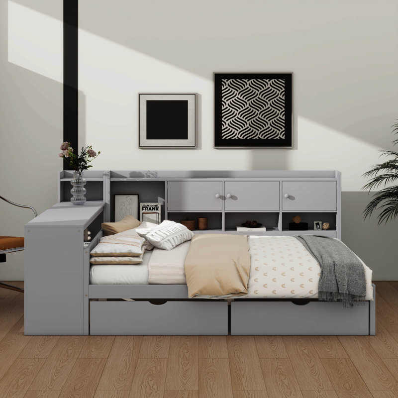  Wooden L-Shaped Daybed With Seven Storage Spaces And Two Drawers, Multi-Functional Bed With Built-In Study Desk And Bookshelf