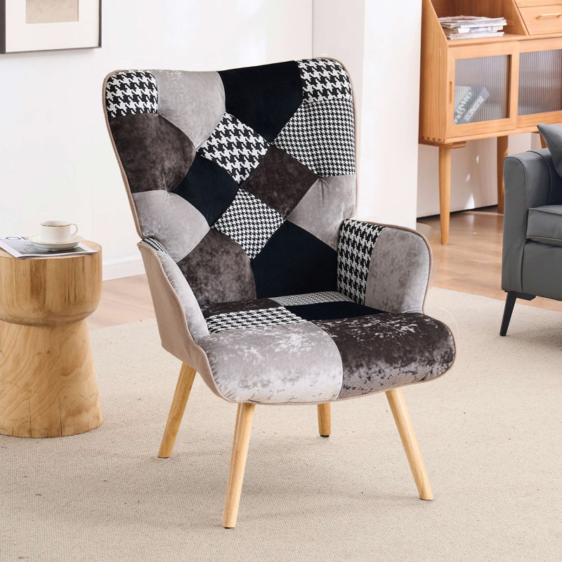 Chaise avec accoudoirs à haut dossier Heidegard, Pied-de-poule noir