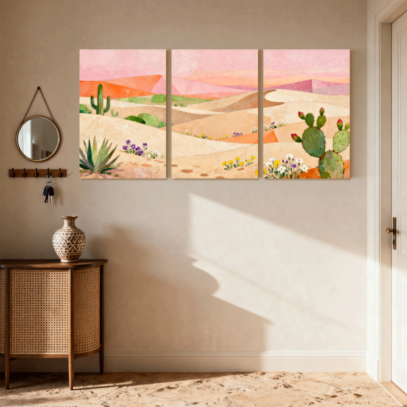 Cactus, paysage désertique avec cactus et fleurs, ensemble de 3 impressions sur toile, H 18 po x l 36 po