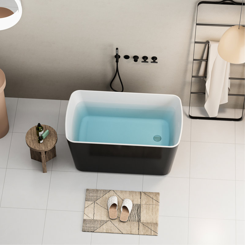 49'' Acrylic Freestanding Soaking Bathtub, Square Japanese Tub With Overflow And Drain, Glossy Black 49" Tub, Square-Shaped Bath Drain Overflow,