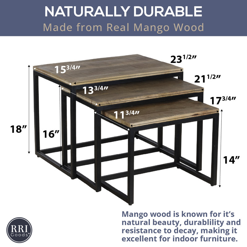 Ensemble de 3 tables gigognes en bois de manguier avec base en métal noir