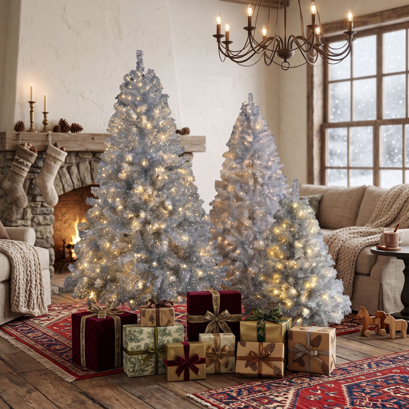 Ensemble de sapins de Noël artificiels argentés métallisés préilluminés, 3 sapins en PVC avec 11 modes d'éclairage et branches articulées.