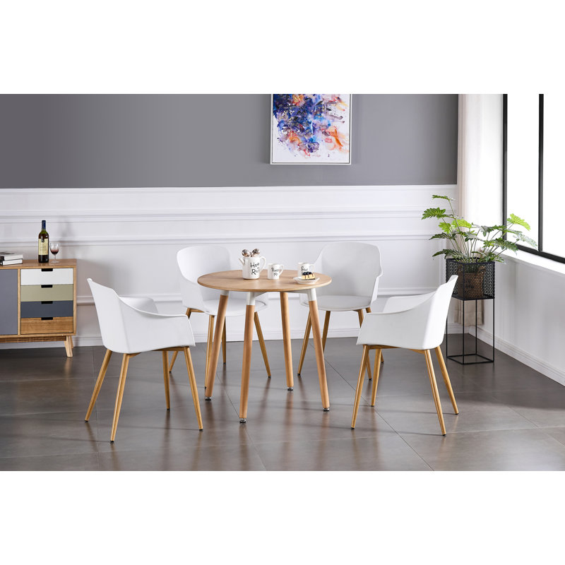 Topsham 4 Person Dining set - a Round Plastic Dining Table with Wooden Legs and a Set of 4 Faux Leather Cushion Padded Dining Chairs for Dining Room - Modern Dining Table Set