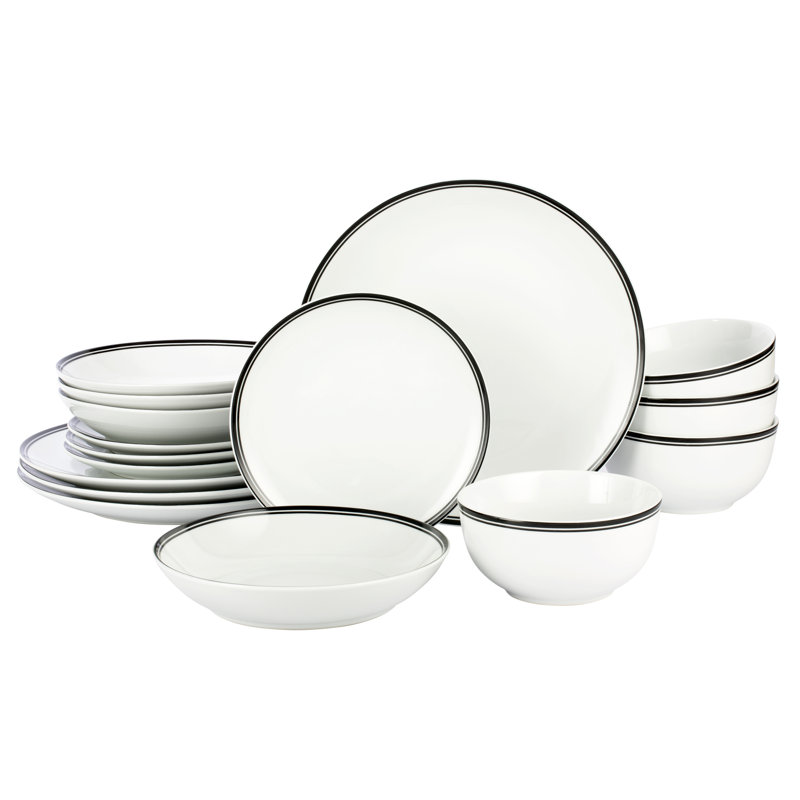 Waterside 16pc St Ives Porcelain Dinner Set, White/Black
