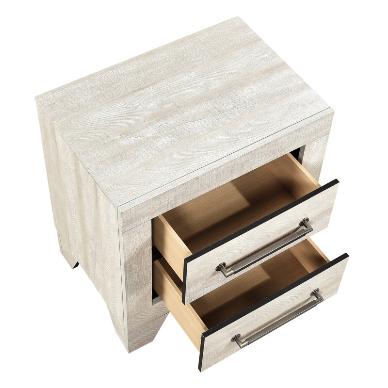 Table de chevet contemporaine en chêne gris avec 2 tiroirs et de jolies poignées argent antique