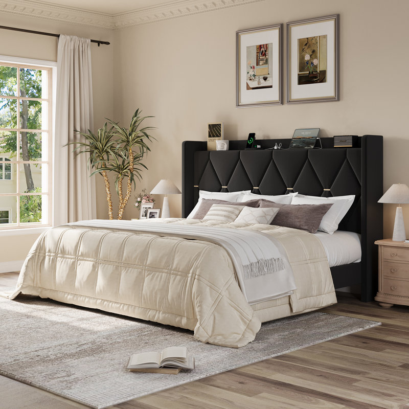Modern Tufted Velvet Upholstered Bed With Charging Station & Storage Shelf ,No Box Spring Needed, Black, King