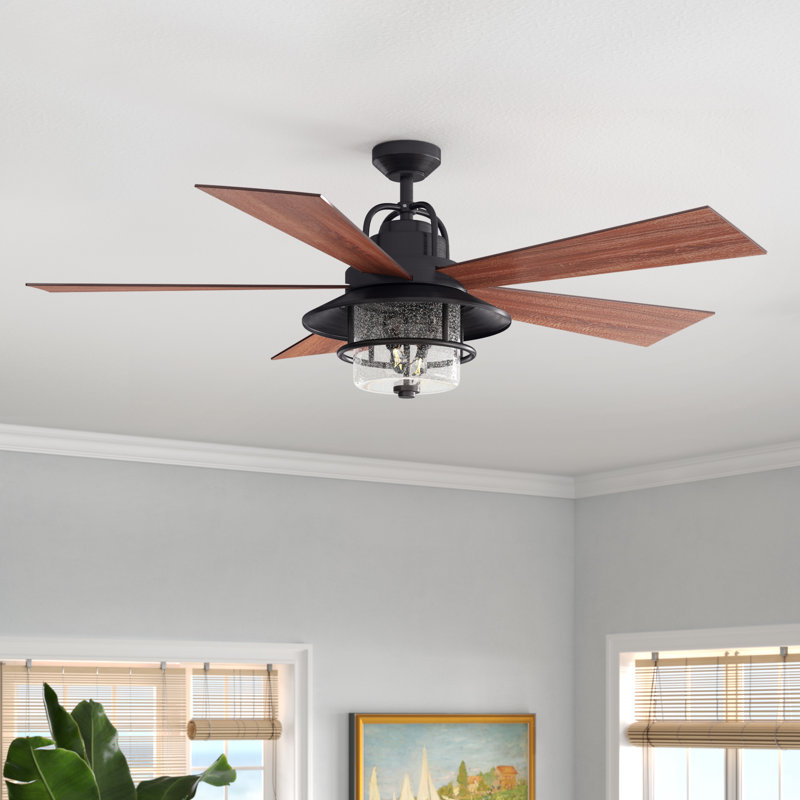 Hedgerley 56 in. New Bronze Indoor Outdoor Rod Mount Rustic Ceiling Fan with Reversible Driftwood-Dark Maple Blades, Dimmable LED Light Kit Remote Control Included, 3 Speeds, Clear Seeded Glass Shade