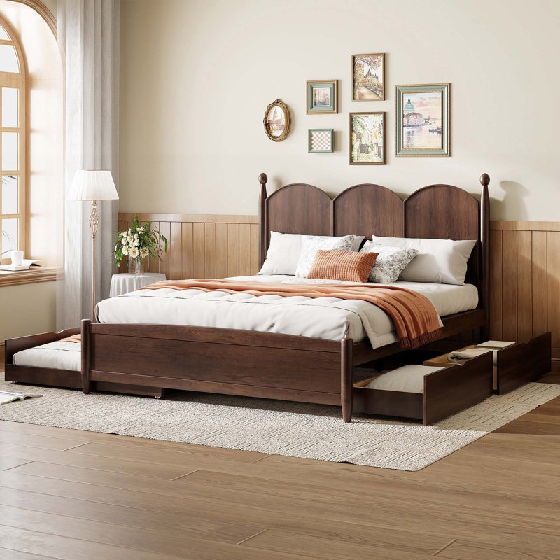 Charming Platform Bed with Drawers and Pull-Out Trundle for Versatile Use, Walnut