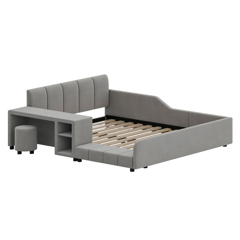 Lit tapissier à la terre, lit mère et enfant avec bureau de chevet et petit tabouret rond, Grey