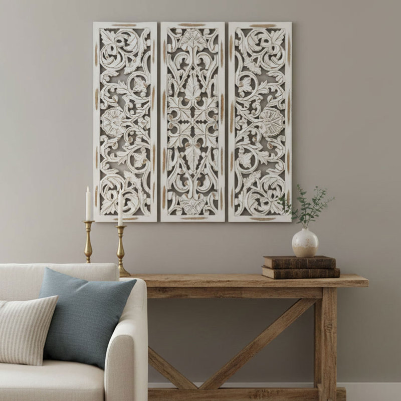 Ensemble de 3 décorations murales en bois Leva, sculpture florale marocaine, finition blanc antique, carré 36 pouces