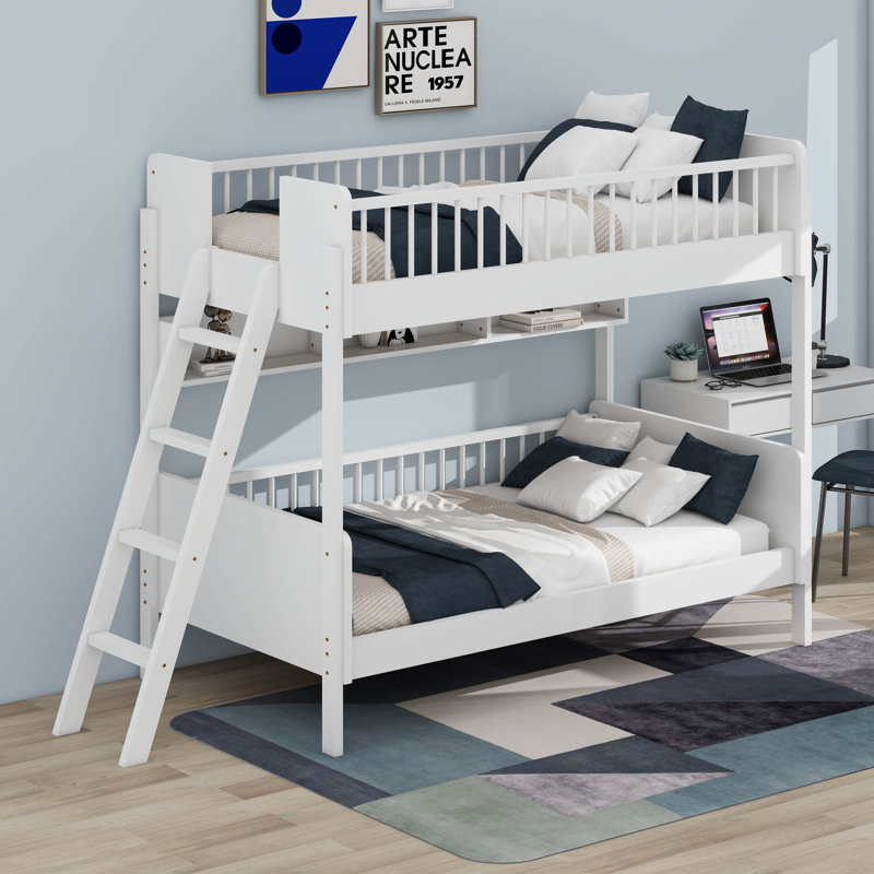 Lit superposé simple en bois avec 3 tablettes de rangement, Blanc