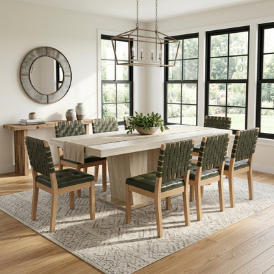 63"-79"Extendable Double-Pedestal Dining Set with Self-Storing Leaf & Woven Chairs