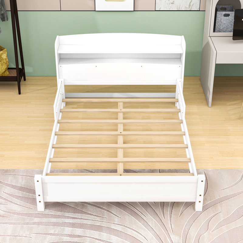 Platform Bed with LED Motion Sensor Light and Bookcase Headboard, White, Full / Double