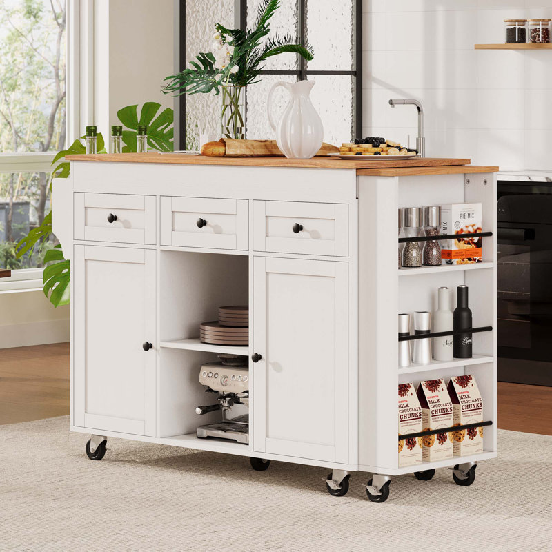 Îlot de cuisine 85,5 po avec table de salle à manger extensible, Blanc