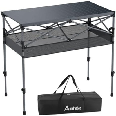 Table de camping pliante de 87 cm de hauteur, portable en aluminium, 99 x 51 cm, noire | avec panier et sac de rangement, 2 hauteurs ajustables, table de camping enroulable, imperméable, résistante à la chaleur, idéale pour les voyages, les barbecues et la cuisine en terrasse.
