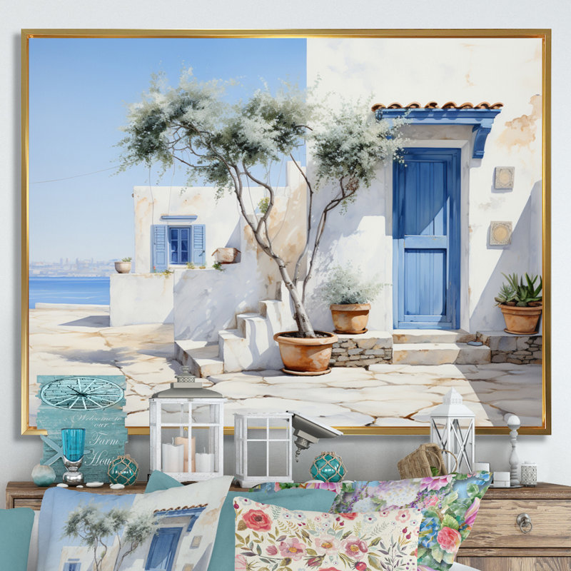 Welke, Grèce, Cycladic Harmony II - Grèce, art mural, Cadre flottant doré, H 30 po x l 40 po x P 1,5 po