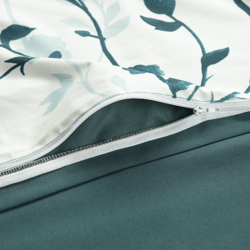 Ensemble de housse réversible pour couette, Housse simple et 1 taie décorative, Motif floral sarcelle
