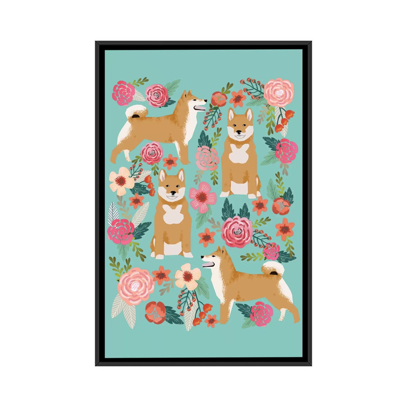 Collage floral shiba shiba, impression sur toile tendue, H 48 po x l 32 po x P 1,5 po, Toile avec cadre noir, Pas de tapis