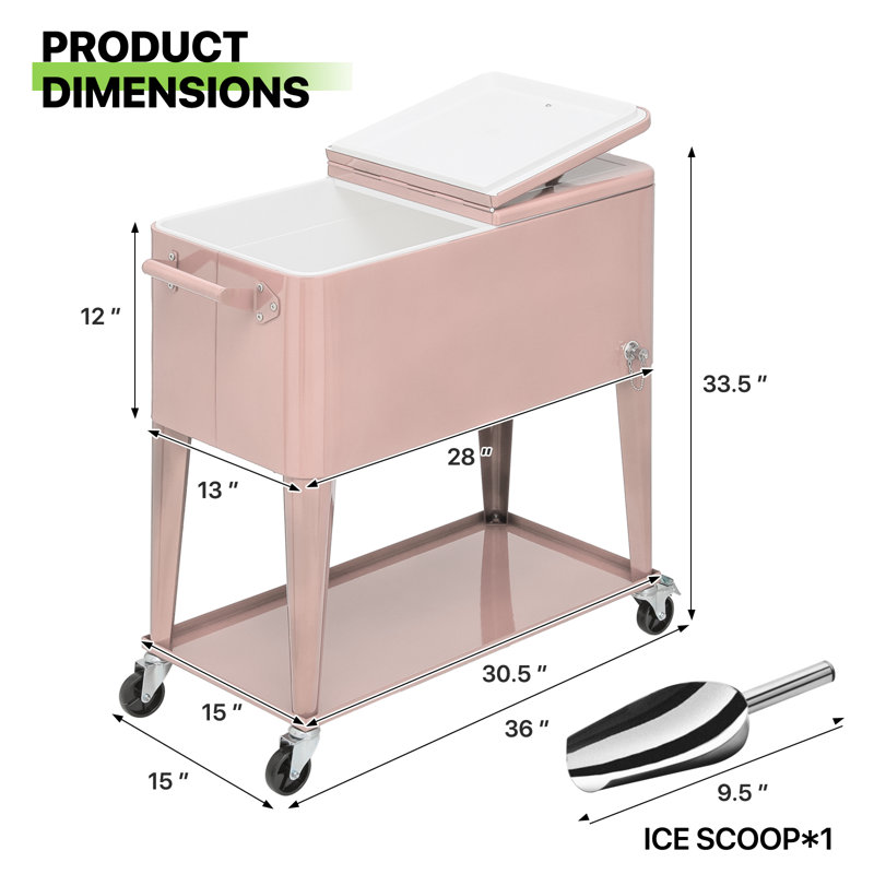 Outdoor 80 Qt Rolling Cooler Cart, with Bottle Opener + Storage Shelf Camping Beverage Ice Chest, Pink