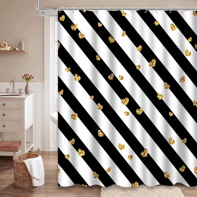 Rideau de douche à motif géométrique noir et blanc avec 12 crochets Gold Heart, L 72 po x l 78 po