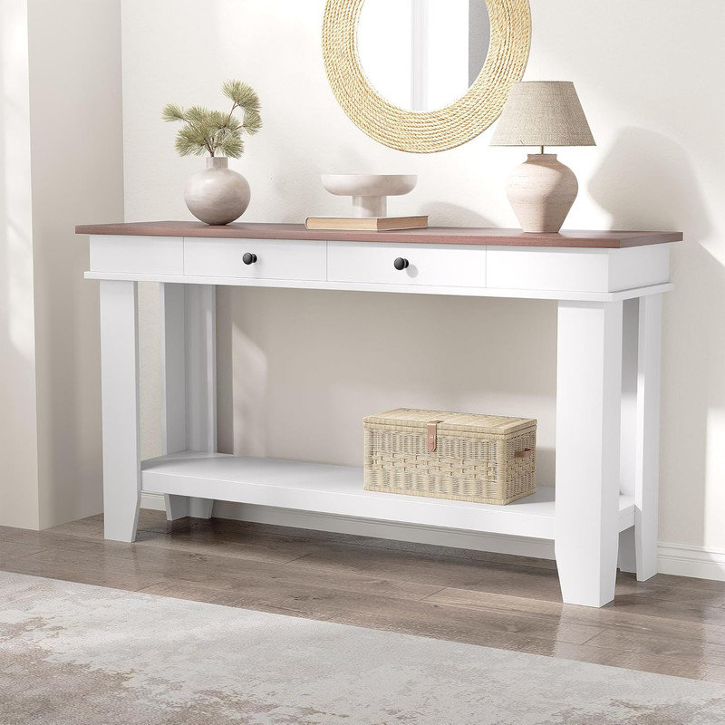 Console de 54 po avec tiroirs, table d'entrée avec tablette de rangement pour le salon, Brun, Blanc