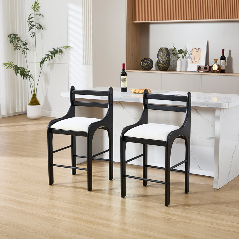 Stylish Farmhouse Upholstered Solid Wood Barstools With Metal Stirrups, Low Barstools With Cutout Solid Wood Backs Set Of 2