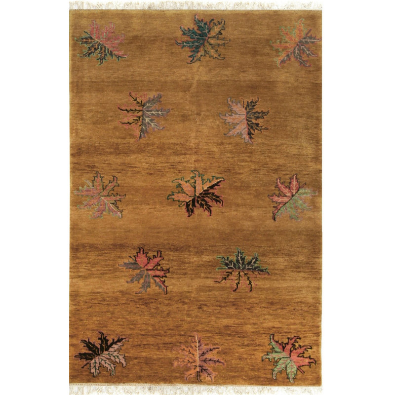 Tapis brun moderne en laine noué à la main à motif feuilles d'érable et motif géométrique contemporain, 8 pi x 10 pi