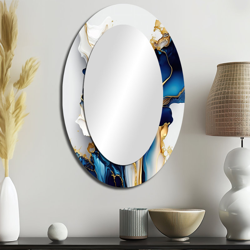 Abstrait géométrique abstrait en forme de marbre doré et bleu III - miroir mural moderne bleu, 36 po x 24 po