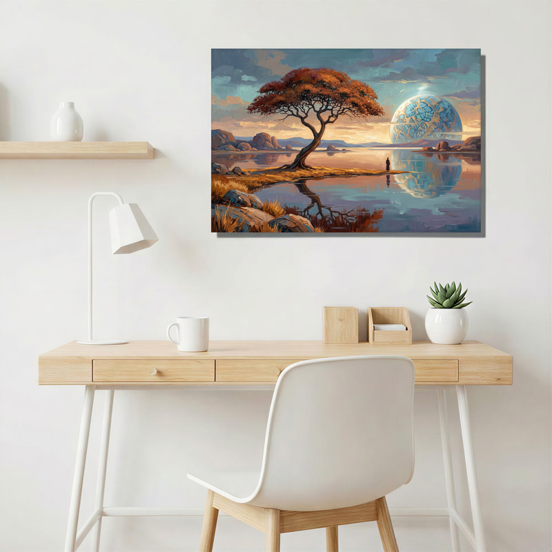 Tableau sur toile représentant un arbre solitaire et une lune géante à motifs sur un lac, H 32 po x l 48 po