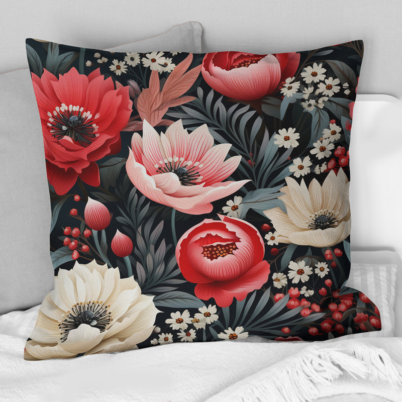 Coussin décoratif rétro à motif de coquelicots roses rétro, H 16 po x l 16 po