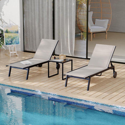 2 Piece Patio Chaise Lounge Chairs with Side Table, Adjustable Textile Pool Loungers with Wheels for Yard Lawn Garden Beach Porch