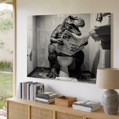 Toile, art mural, image humoristique en noir et blanc d'un dinosaure T Rex assis sur une toilette lisant un livre moderne prêt à accrocher de qualité supérieure