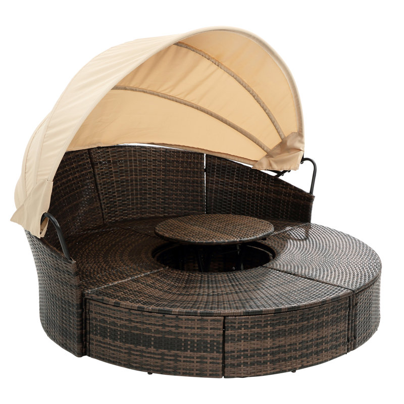 Lit à baldaquin avec cadre noir: lit de jour rond avec coussins confortables Lit rond: housses de coussin amovibles, Beige