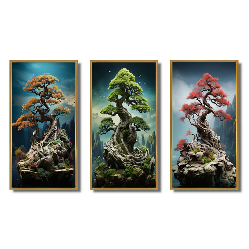 «Asian Art Bonsais Wisdom», 3 pièces sur toile, Encadré naturel, H 28 po x l 36 po