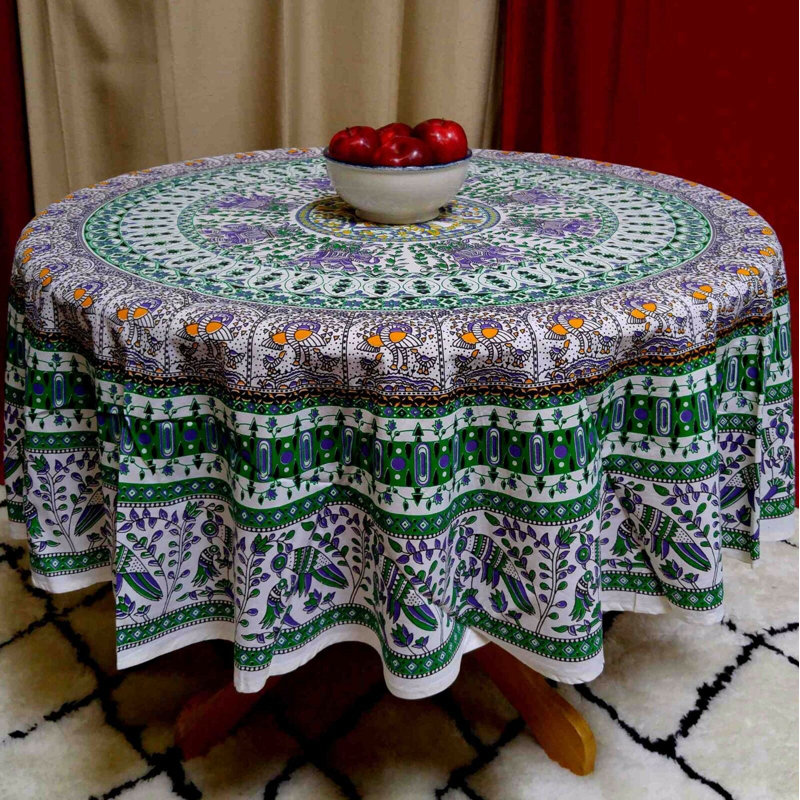 Nareg Floral 100% Cotton Round Tablecloth, Green