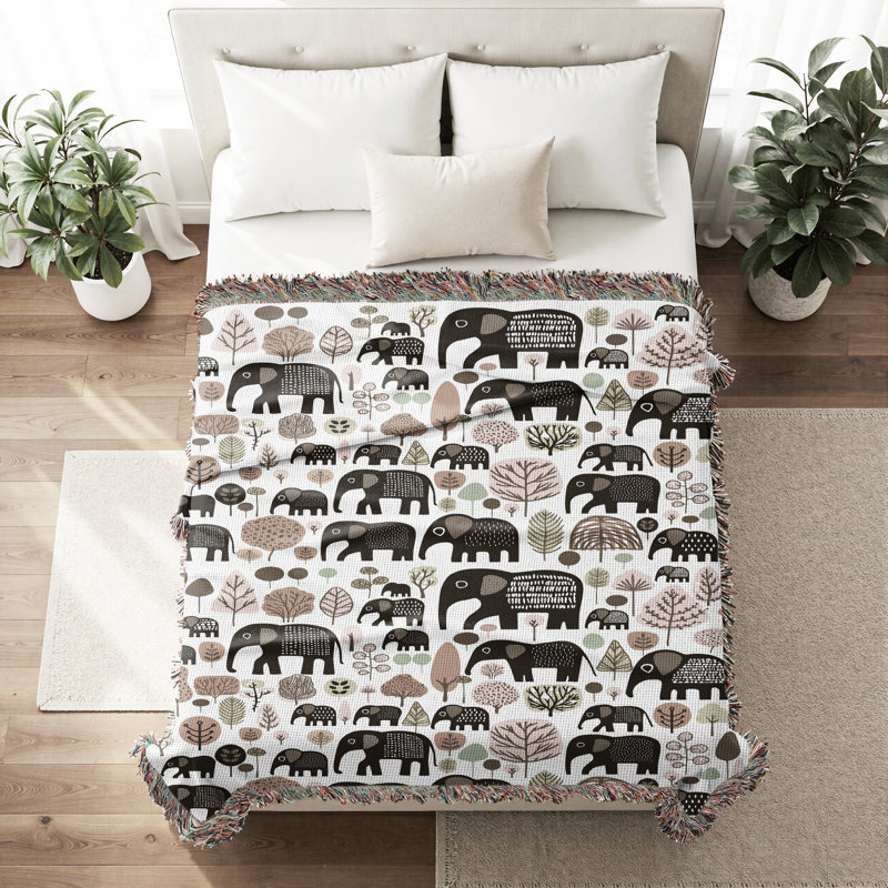 Jeté en mélange de coton Alfie Elephant, Brun / Blanc cassé, L 70 po x l 50 po