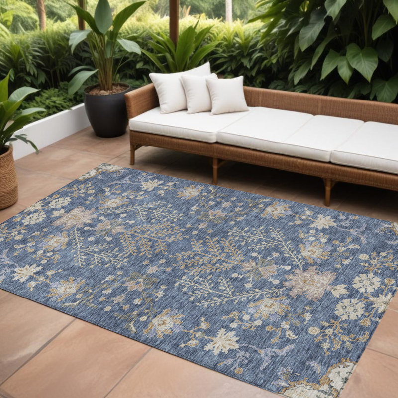 Tapis d'extérieur lavable floral bleu brun et beige 10 pi x 14 pi