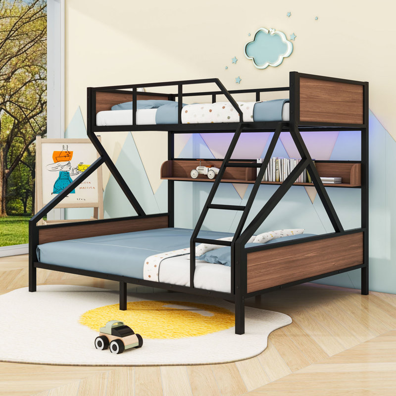 Metal Bunk Bed With Lights, Shelves And Ladder, Twin XL Over Queen
