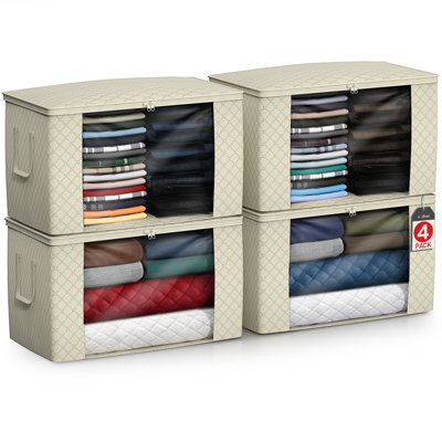 Sorbus Foldable Storage Bag Organizers, Large Clear Window & Carry Handles,  for Clothes, Blankets, Closets, Bedrooms, and more (4 Pack, Beige)