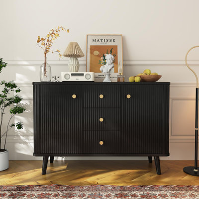 Fluted Sideboard Buffet Cabinet, Mid-Century Black Storage Credenza with Gold Round Knobs & Wood Legs, Coffee Bar Cabinet for Dining Room Living Room Entryway