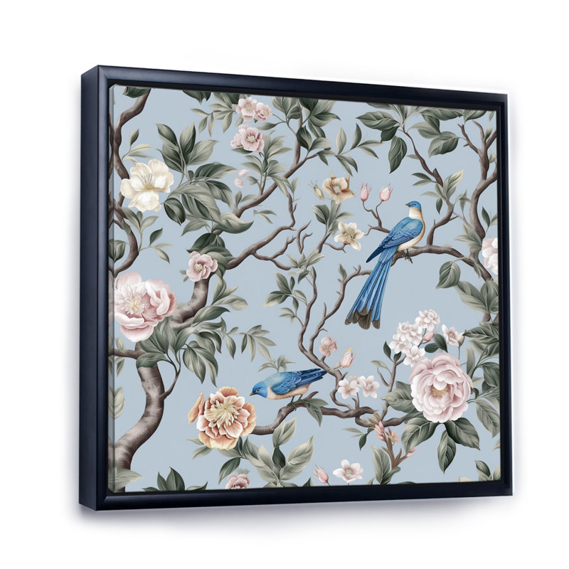 Minimalisme, oiseau sur fleurs V - impression, H 16 po x l 16 po x P 1 po, Cadre flottant noir