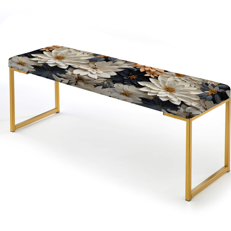 White And Gold Tropical Floral Paradise II - Floral Upholstered Gold Bench