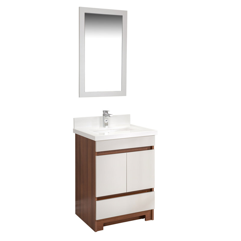 Ensemble de meuble-lavabo simple 23,6 po avec miroir Lajoyce, Noyer / Blanc