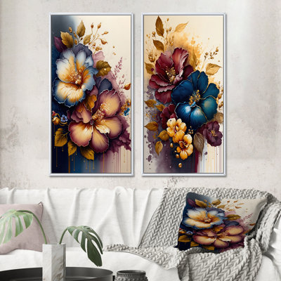 «Bourgogne et hibiscus bleu», 2 pièces sur toile