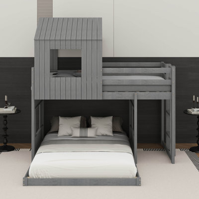 Wooden Twin Over Full Bunk Bed, Loft Bed With Playhouse, Farmhouse, Ladder And Guardrails