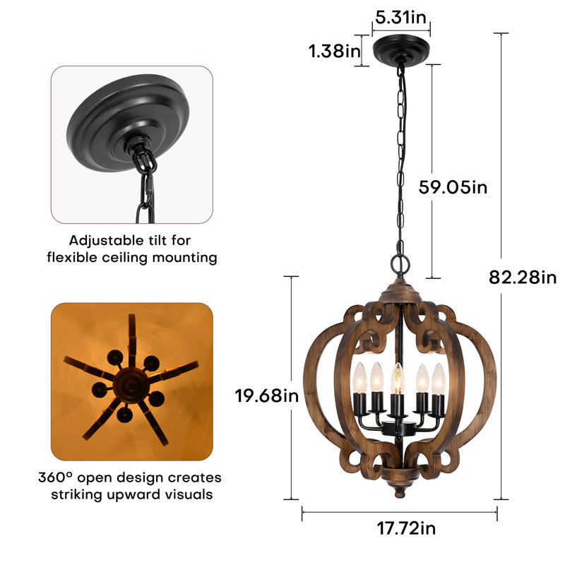 Lustre géométrique en bois de noyer à 5 lumières 17,72 "Rustic, Noir/noyer