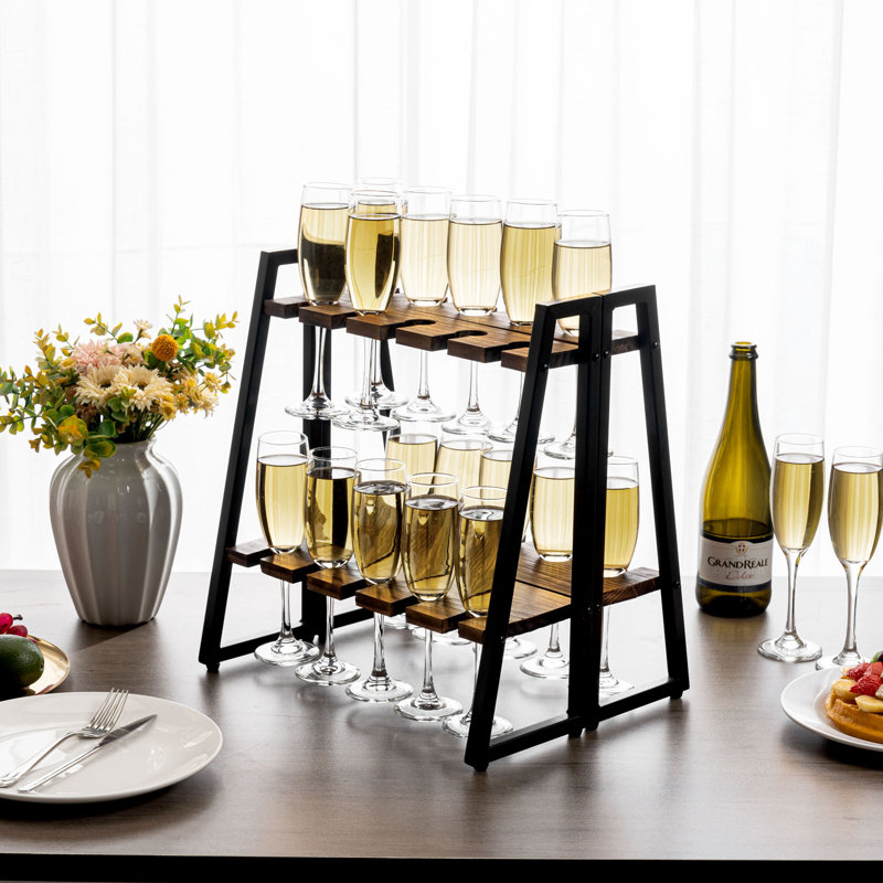 Metal / Solid Wood Tabletop Wine Glass Rack  in Black / Brown
