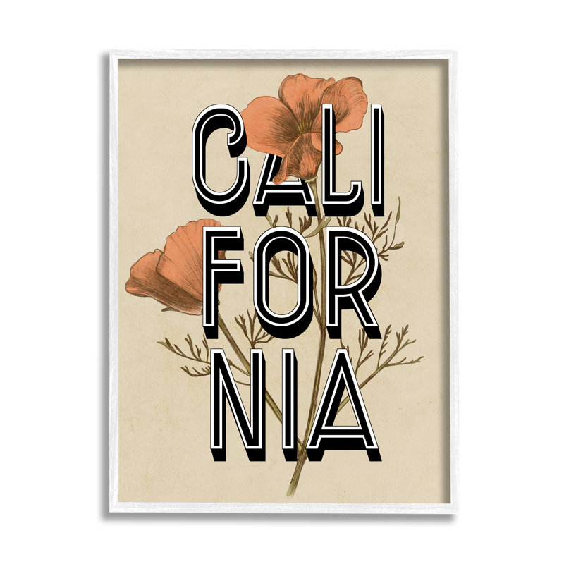 California State, typographie florale, H 14 po x l 11 po x P 1,5 po, Giclée encadrée blanc bord de mer