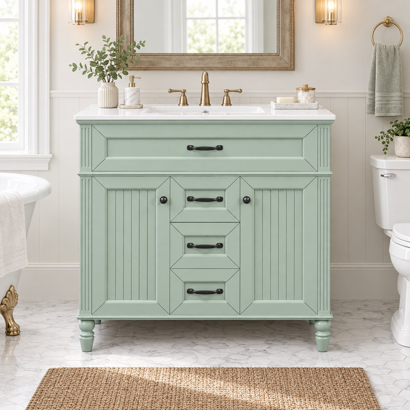 Meuble-lavabo de 91 cm avec lavabo en céramique, meuble de salle de bain autoportant, tiroir supérieur rabattable, portes à fermeture amortie, 2 tiroirs de rangement, vert sauge