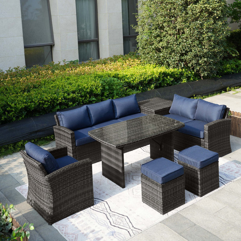 Ensemble de conversation d'extérieur en osier pour 6 personnes avec coussins Baecher, Structure grise / coussin bleu marine
